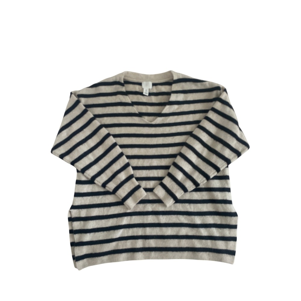 Striped Oversized Soft V-neck Sweater Cream Black size M by H&M